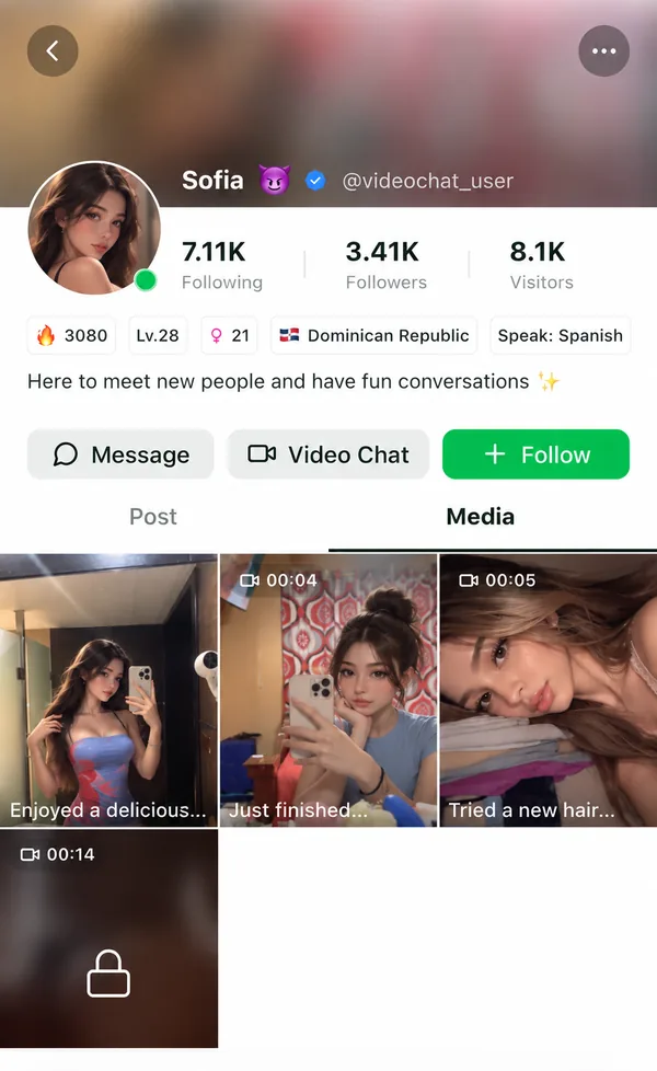 A girl's profile on Yapchat showing her country, language, bio and recent posts, with buttons to message, video chat or follow