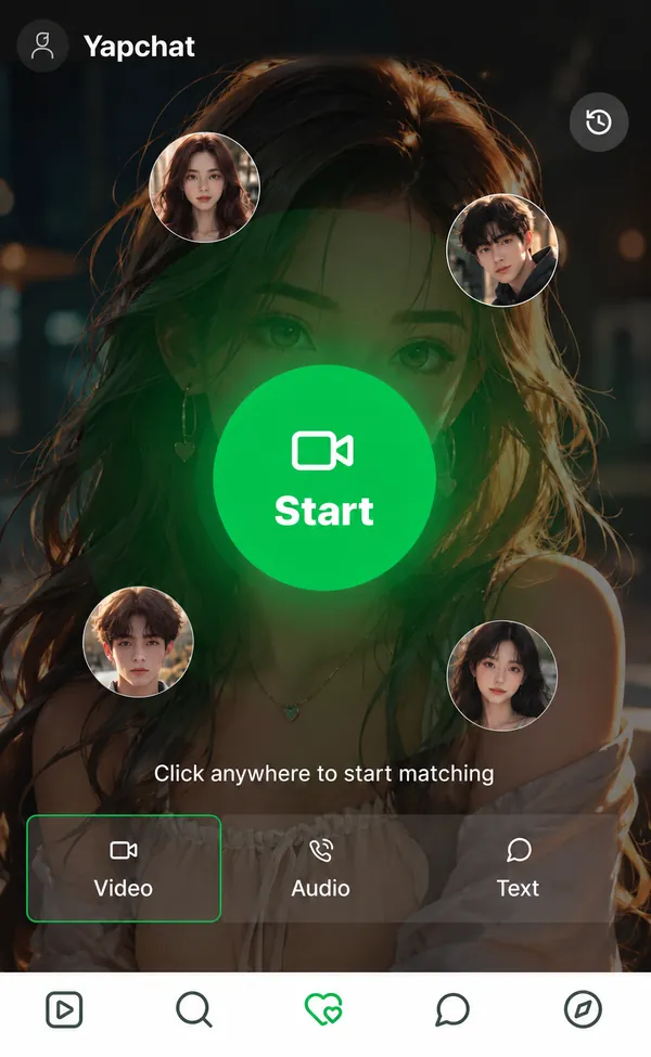 Yapchat start screen for live random video chat, with video, voice and text modes