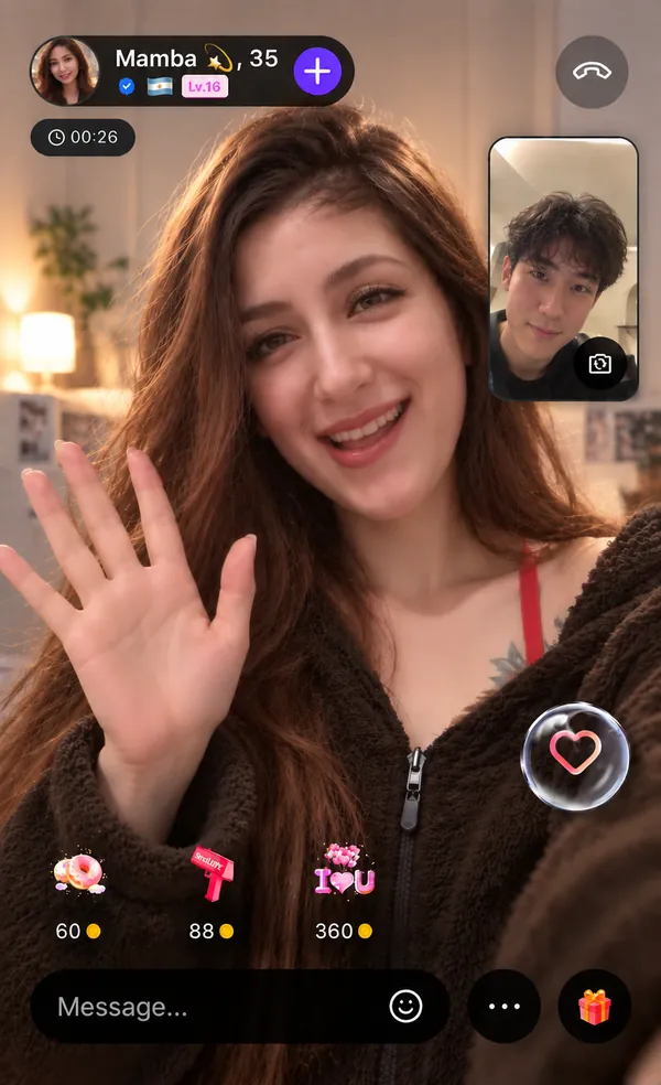 A Yapchat video call on a phone: a girl waving on camera, with your own video in the corner