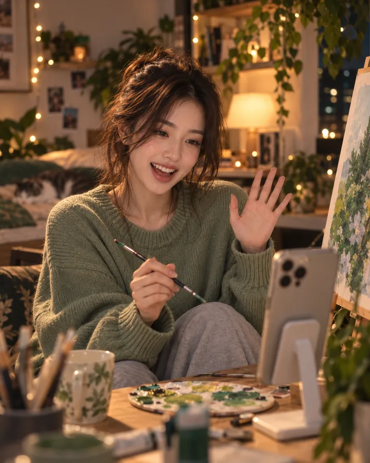 A girl painting at home and waving to a video chat on her phone on Yapchat